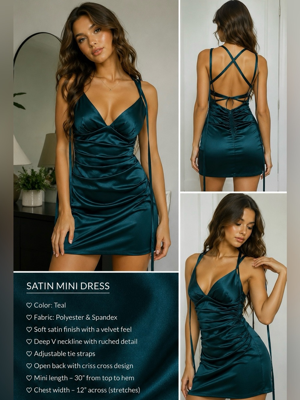 B Darlin Teal Satin Mini Dress with Crisscross Back